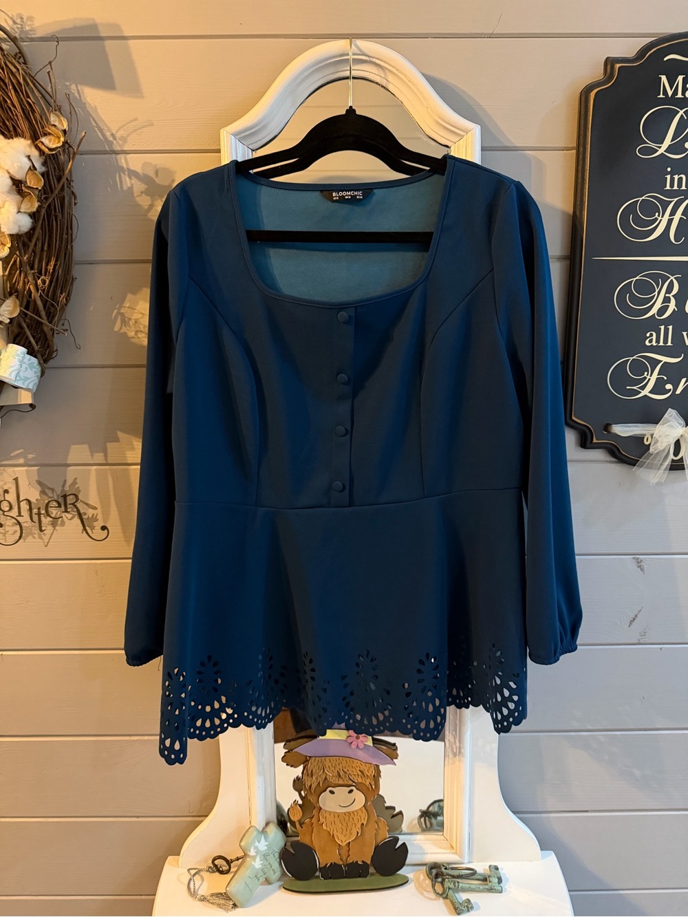 BloomChic Navy Long-Sleeve Peplum Tunic with Laser-Cut Hem